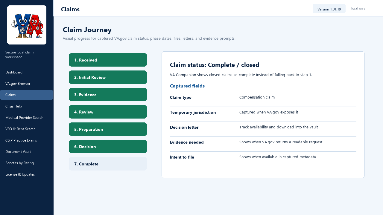 VA Companion claim journey capture with private details hidden