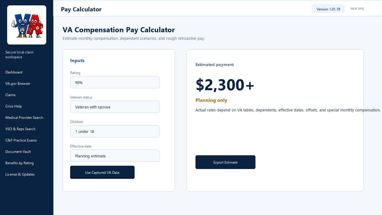 VA Companion compensation calculator capture