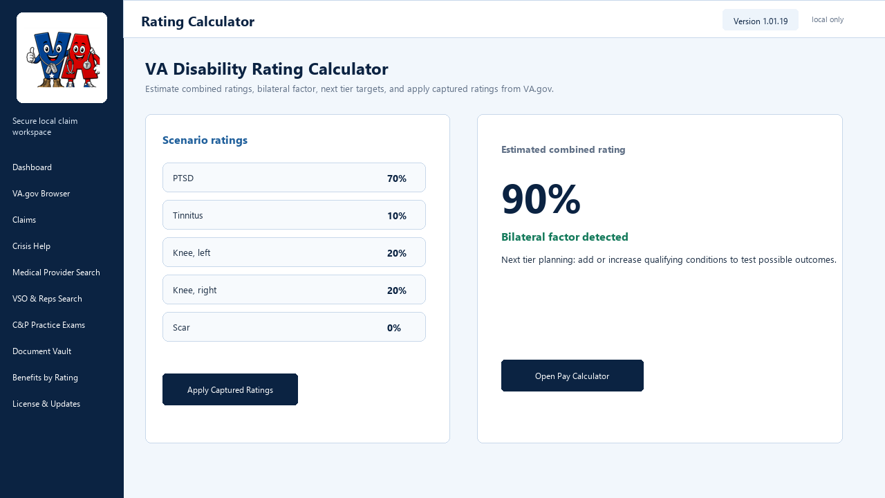 VA Companion VA rating calculator capture