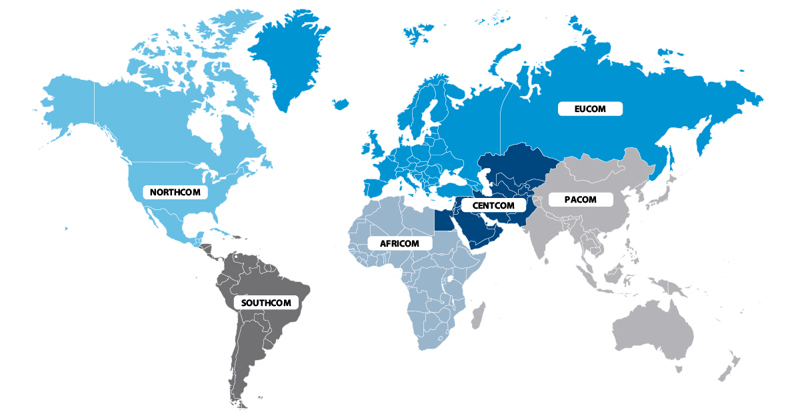 Department of Defense areas of responsibility for Military Crisis Line overseas calling regions.